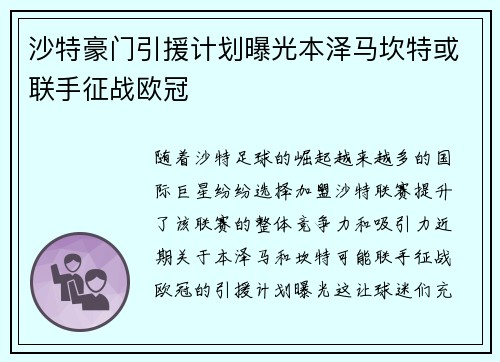 沙特豪门引援计划曝光本泽马坎特或联手征战欧冠